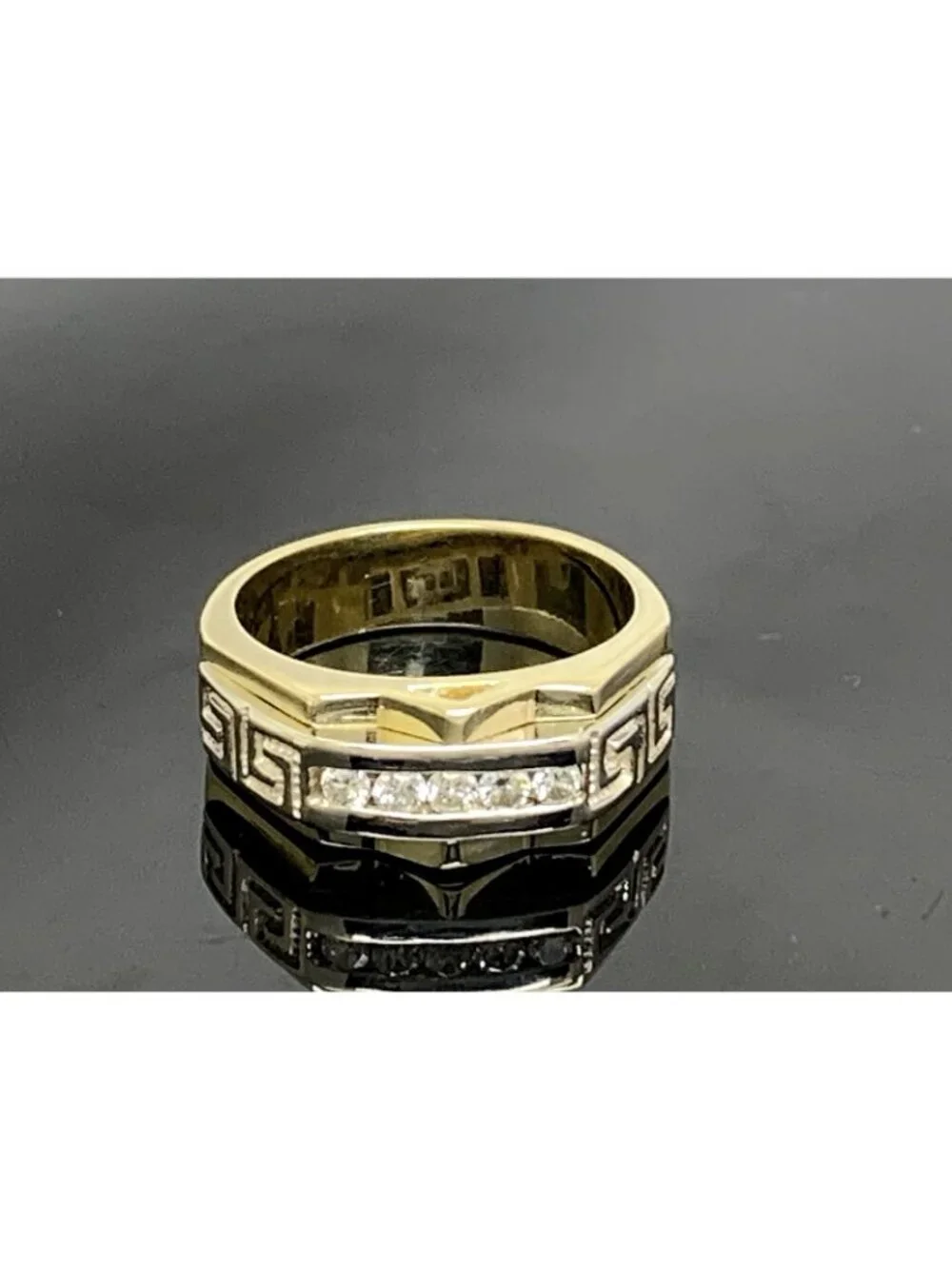 Men's Ring 14k Yellow Gold Diamond 0.25ctw Statement Greek Key Pattern Size 11.5